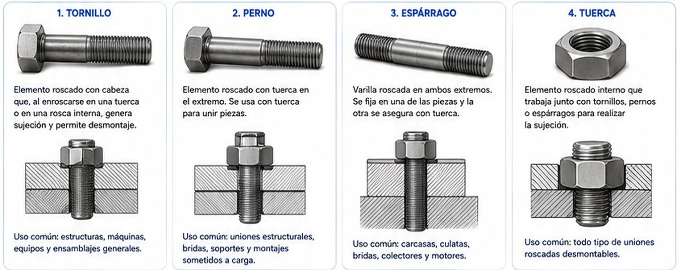 Cuatro elementos de sujeción roscados: tornillo, perno, espárrago y tuerca, con su uso común