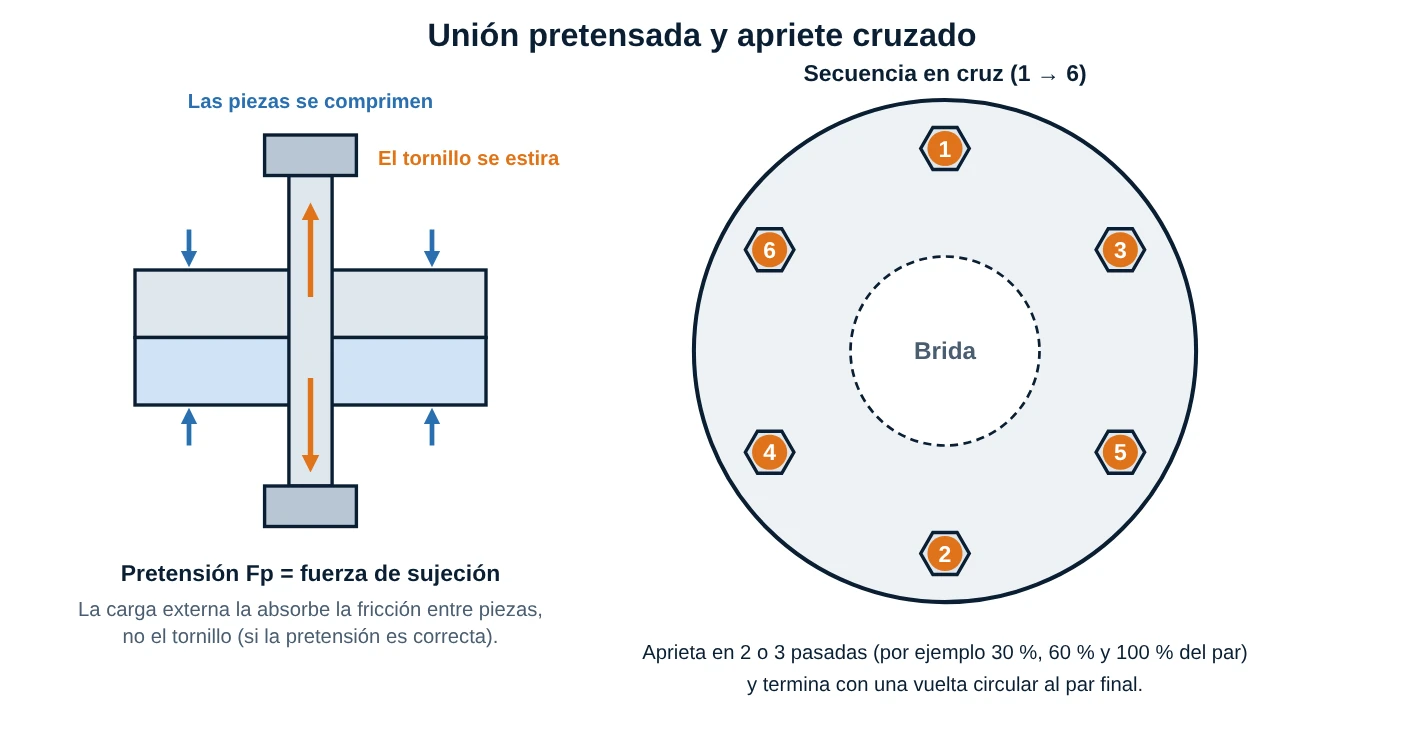 Esquema de una unión pretensada y secuencia de apriete en cruz de una brida de seis pernos