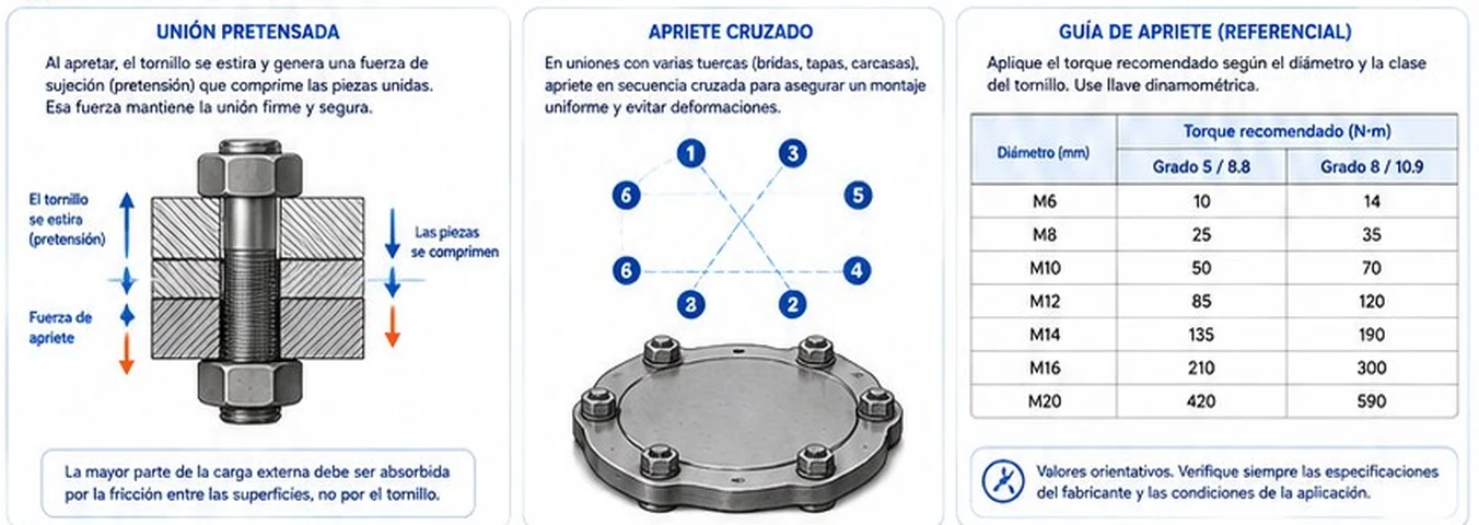 Unión pretensada, secuencia de apriete cruzado y guía de torque de apriete por diámetro