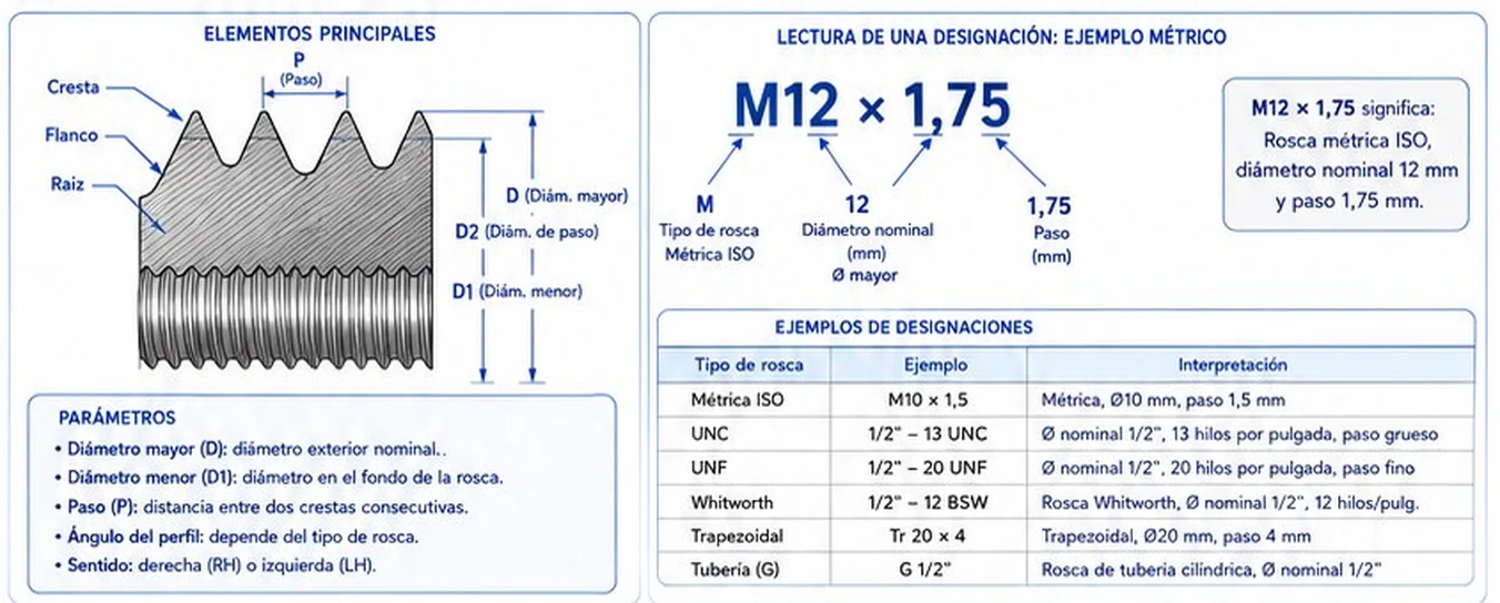 Elementos de la rosca (cresta, flanco, raíz), lectura de una designación métrica M12 x 1,75 y ejemplos de designaciones