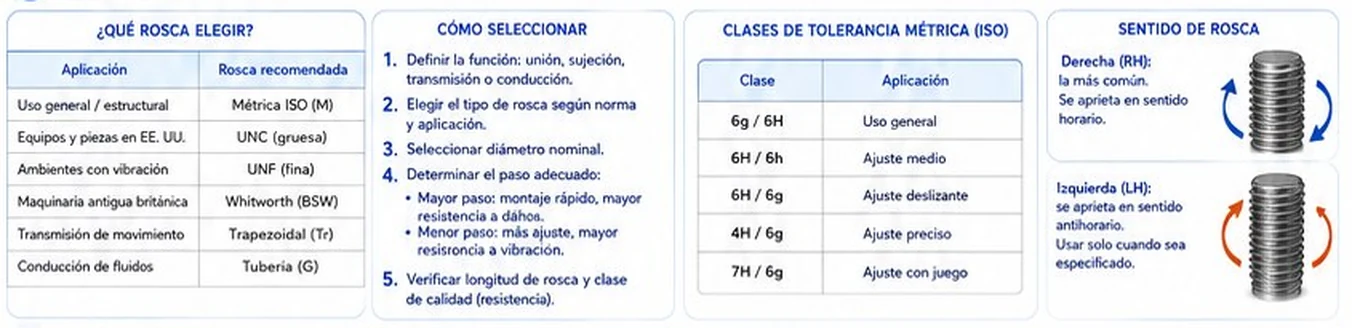 Qué rosca elegir según la aplicación, cómo seleccionar, clases de tolerancia métrica y sentido de la rosca