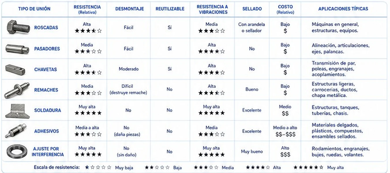 Tabla comparativa de uniones mecánicas por resistencia, desmontaje, reutilización, resistencia a vibraciones, sellado, costo y aplicaciones