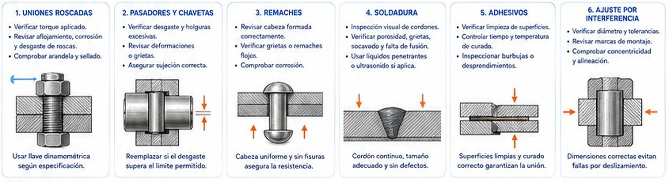 Puntos de inspección para cada tipo de unión: roscadas, pasadores y chavetas, remaches, soldadura, adhesivos y ajuste por interferencia