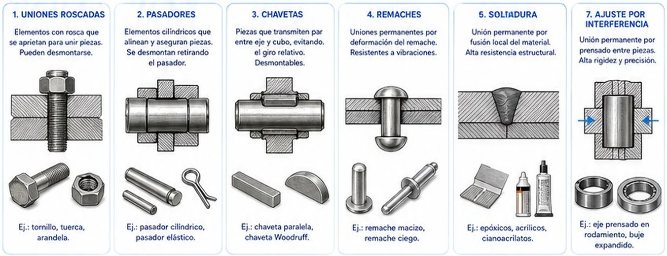 Siete tipos de uniones mecánicas: roscadas, pasadores, chavetas, remaches, soldadura, adhesivos y ajuste por interferencia