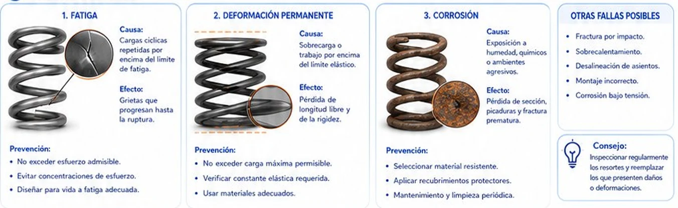 Fallas comunes de resortes: fatiga, deformación permanente y corrosión, con causa, efecto y prevención, y otras fallas posibles
