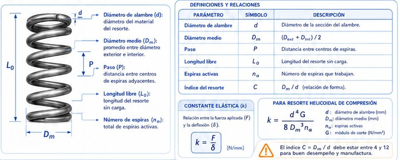 Parámetros de un resorte helicoidal: diámetro de alambre, diámetro medio, paso, longitud libre y número de espiras, con la fórmula de la constante elástica