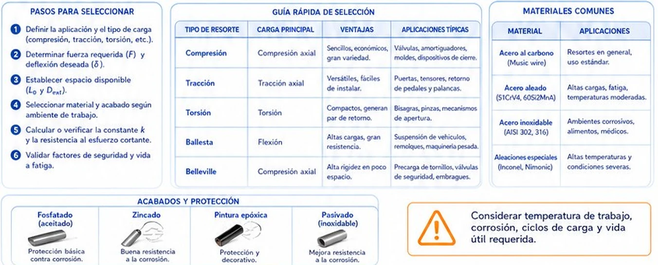 Pasos para seleccionar un resorte, guía rápida por tipo, materiales comunes y acabados de protección