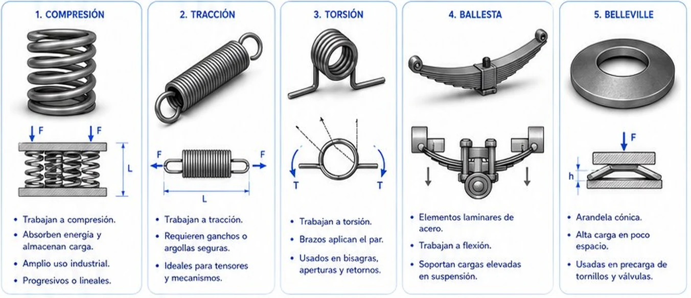 Cinco tipos de resortes: compresión, tracción, torsión, ballesta y Belleville, con sus características