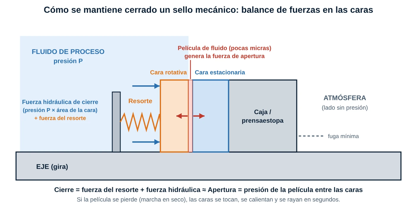 Diagrama del balance de fuerzas en las caras de un sello mecánico: resorte, presión del fluido y película de fluido