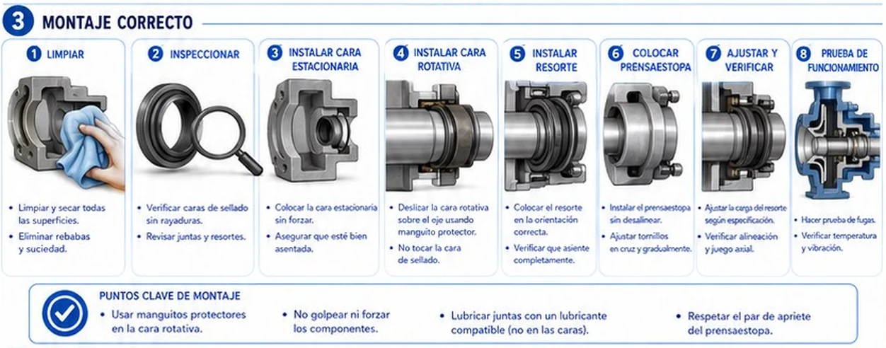 Ocho pasos de montaje de un sello mecánico: limpiar, inspeccionar, instalar cara estacionaria, cara rotativa, resorte, prensaestopa, ajustar y probar
