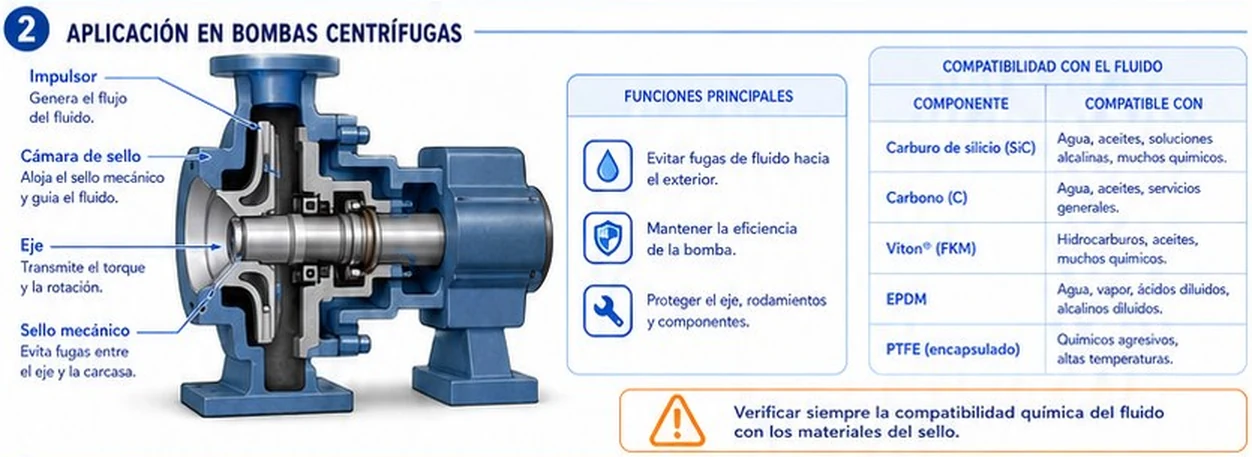 Sello mecánico en una bomba centrífuga, funciones principales y tabla de compatibilidad de materiales con el fluido