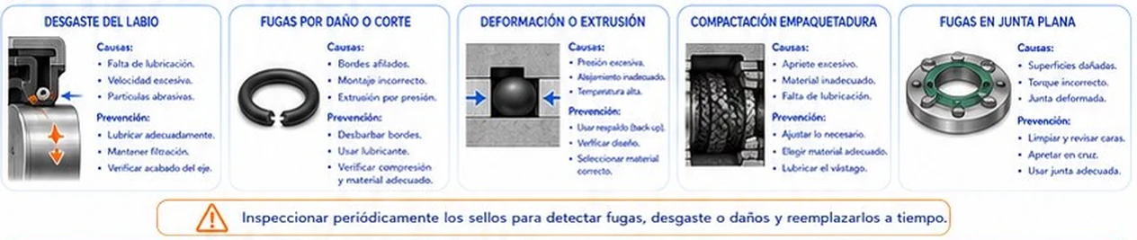 Fallas comunes de sellos: desgaste del labio, fugas por corte, extrusión, compactación de empaquetadura y fugas en junta plana