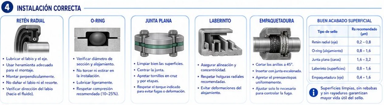 Pautas de instalación de retén radial, O-ring, junta plana, laberinto y empaquetadura, y acabado superficial recomendado