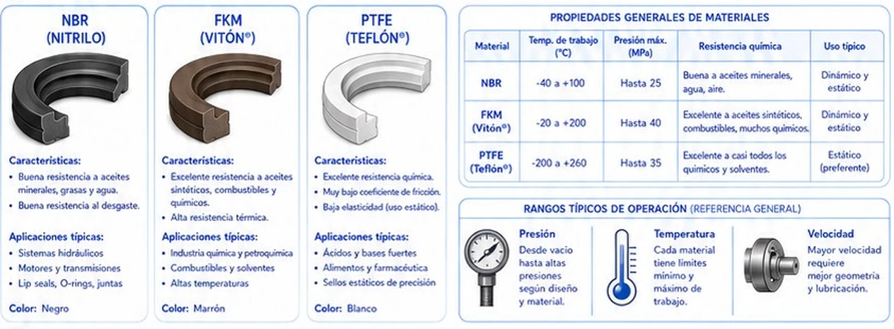Materiales NBR, FKM y PTFE con sus características, aplicaciones y propiedades generales