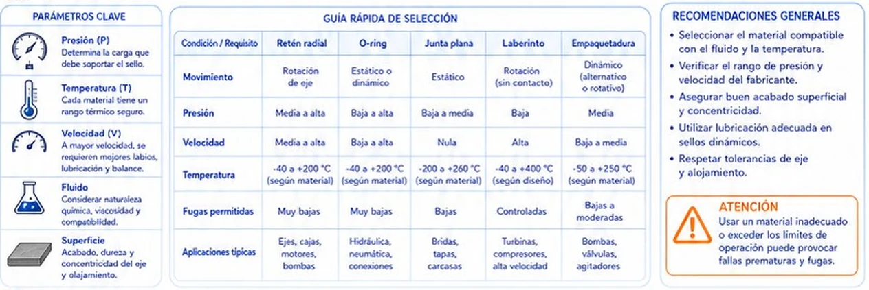 Parámetros clave y guía rápida para seleccionar retén radial, O-ring, junta plana, laberinto o empaquetadura