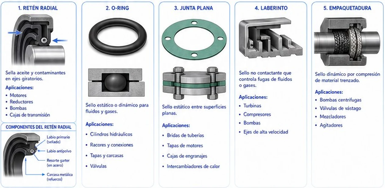 Cinco tipos de sellos: retén radial, O-ring, junta plana, laberinto y empaquetadura, con sus aplicaciones