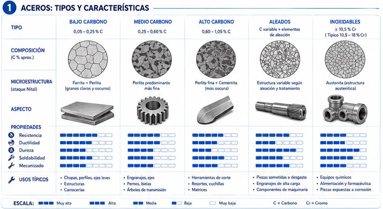 Cinco tipos de acero: bajo carbono, medio carbono, alto carbono, aleados e inoxidables, con microestructura, propiedades y usos