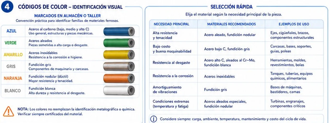 Códigos de color para identificar materiales ferrosos en el almacén y tabla de selección rápida por necesidad