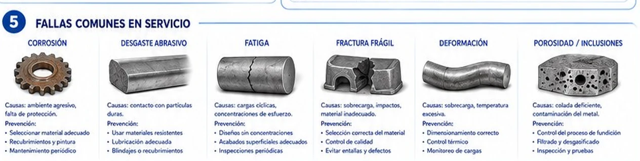 Seis fallas comunes: corrosión, desgaste abrasivo, fatiga, fractura frágil, deformación y porosidad
