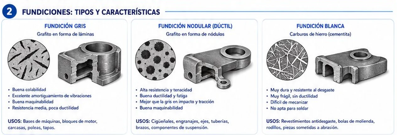 Fundición gris, nodular y blanca con su microestructura, características y usos