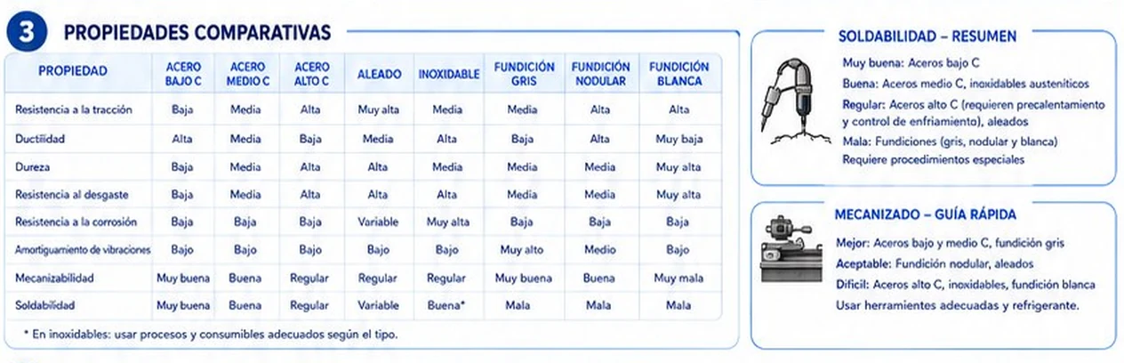 Tabla comparativa de propiedades de aceros y fundiciones y resumen de soldabilidad y mecanizado