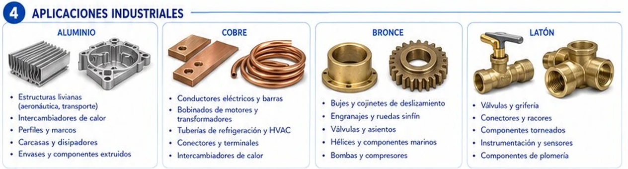 Aplicaciones industriales del aluminio, cobre, bronce y latón