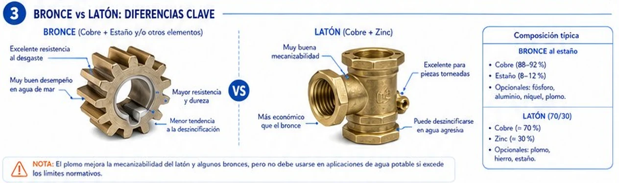 Comparación entre bronce y latón con composición típica y diferencias clave