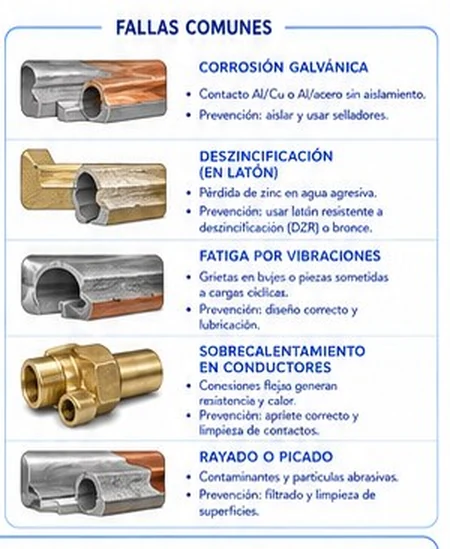 Fallas comunes en no ferrosos: corrosión galvánica, deszincificación, fatiga por vibraciones, sobrecalentamiento en conductores y rayado o picado