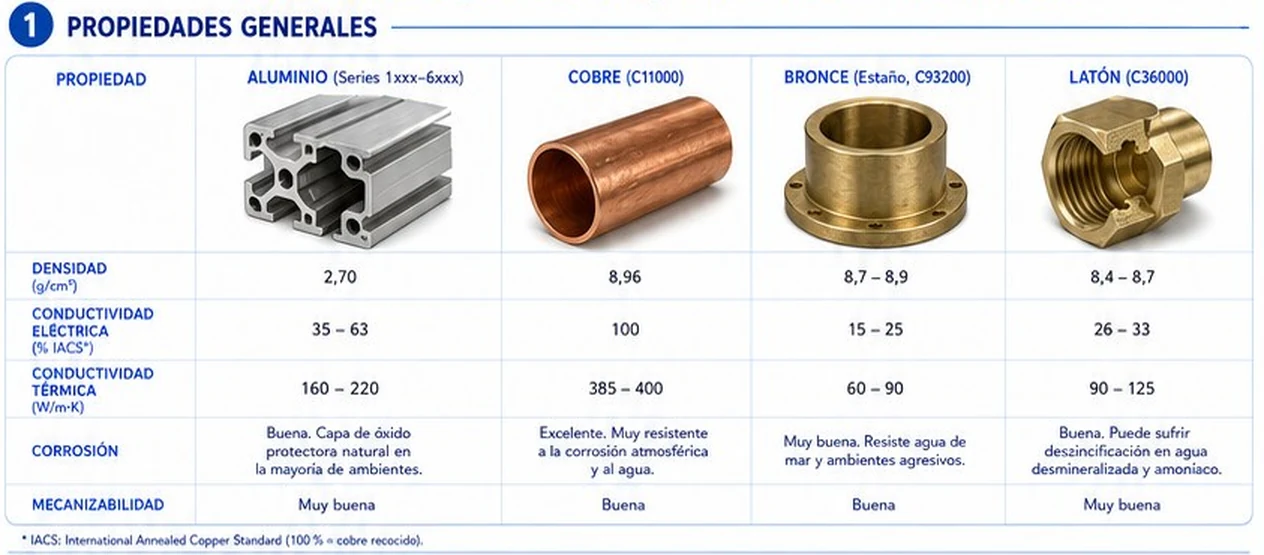 Tabla comparativa de aluminio, cobre, bronce y latón: densidad, conductividad eléctrica y térmica, corrosión y mecanizabilidad