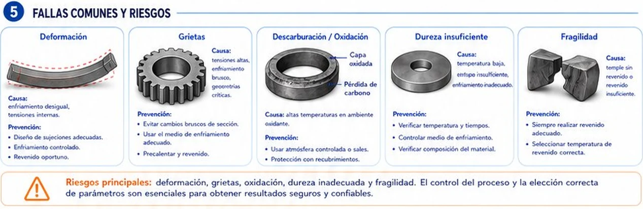 Fallas de tratamiento térmico: deformación, grietas, descarburación y oxidación, dureza insuficiente y fragilidad
