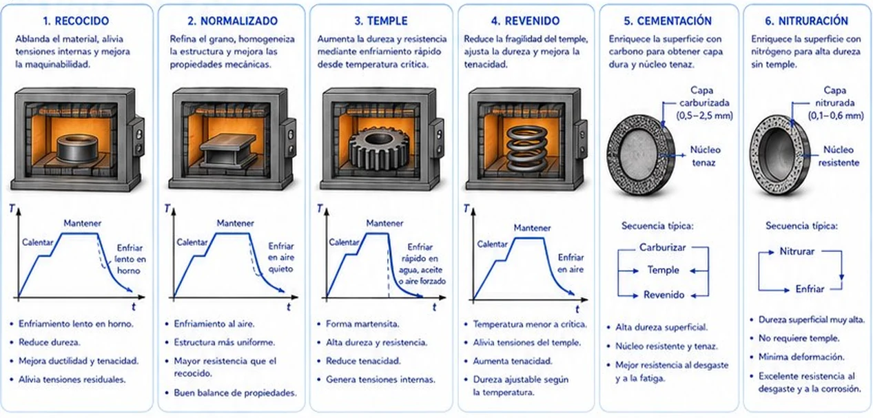 Seis tratamientos térmicos: recocido, normalizado, temple, revenido, cementación y nitruración con sus ciclos térmicos