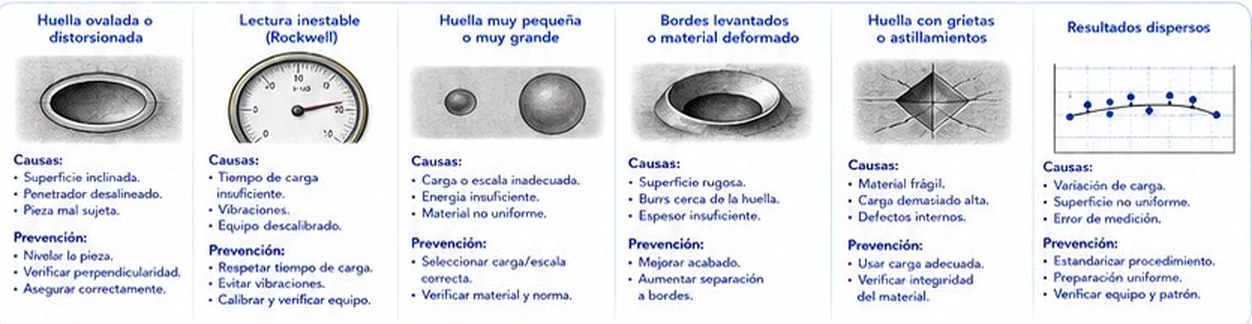 Seis problemas de ensayos de dureza: huella ovalada, lectura inestable, huella muy pequeña o grande, bordes levantados, grietas y resultados dispersos