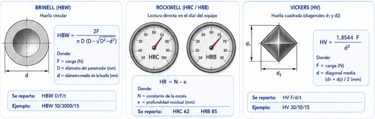 Huellas y fórmulas de dureza Brinell, lectura directa Rockwell en el dial y fórmula Vickers