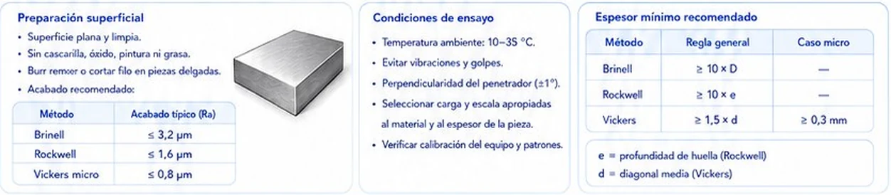 Preparación superficial, condiciones de ensayo y espesor mínimo recomendado