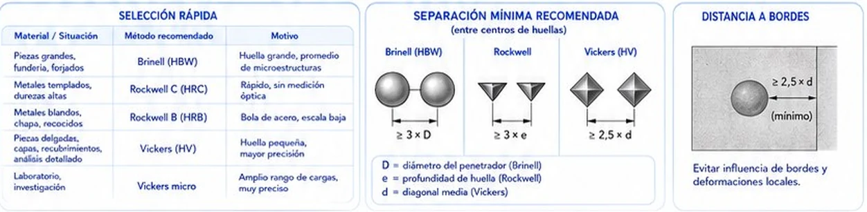 Tabla de selección del método de dureza según material y esquemas de separación mínima entre huellas y distancia a bordes