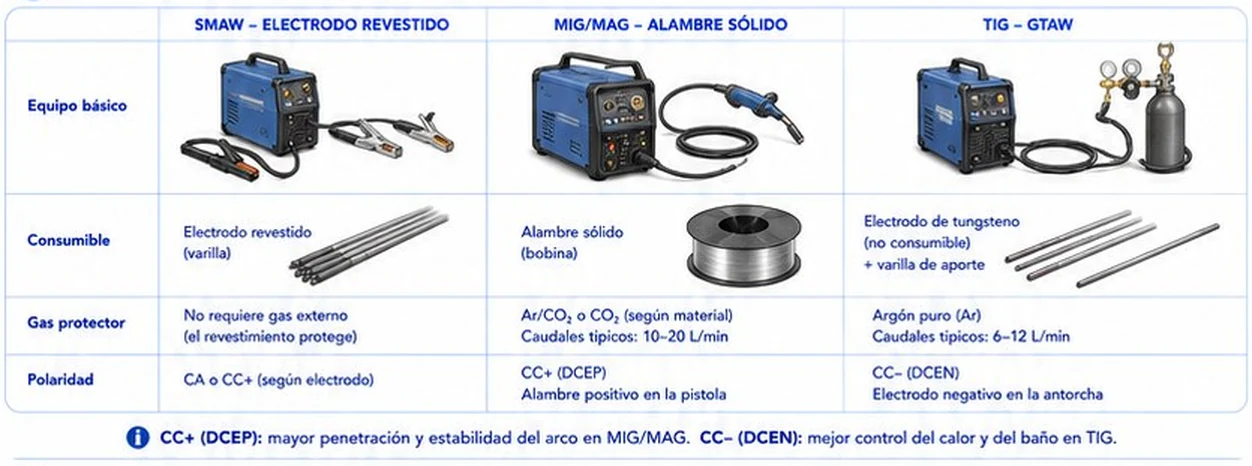 Equipo básico, consumibles, gas protector y polaridad de SMAW, MIG/MAG y TIG