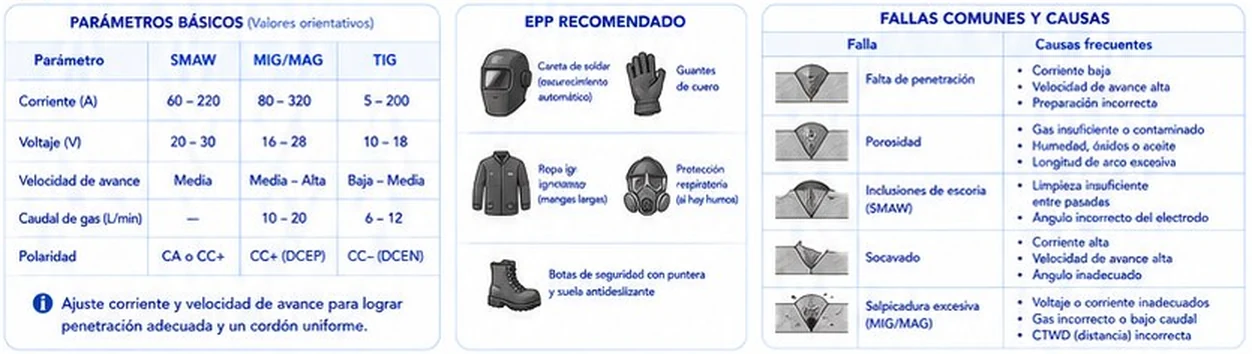 Parámetros básicos de soldadura, EPP recomendado y fallas comunes con sus causas