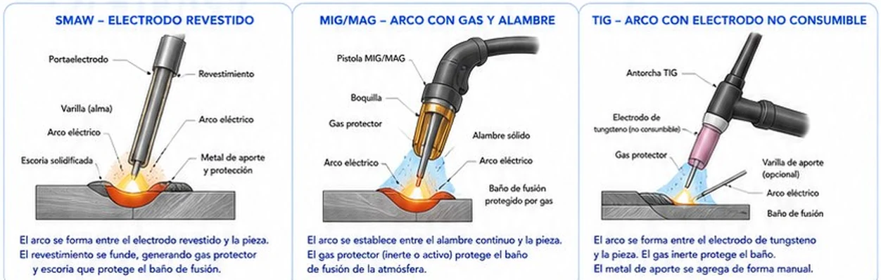 Principio de la soldadura SMAW con electrodo revestido, MIG/MAG con gas y alambre y TIG con electrodo de tungsteno