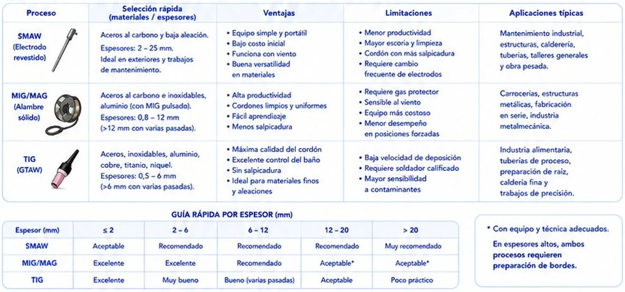 Selección, ventajas, limitaciones y aplicaciones de SMAW, MIG/MAG y TIG, con guía por espesor