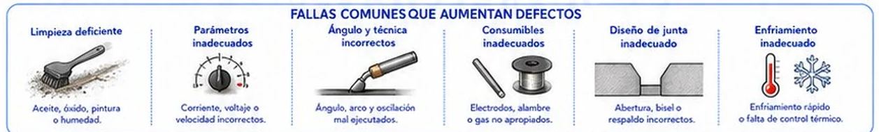 Seis fallas de ejecución que aumentan los defectos: limpieza deficiente, parámetros inadecuados, ángulo incorrecto, consumibles inadecuados, diseño de junta inadecuado y enfriamiento inadecuado