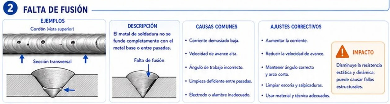 Falta de fusión entre metal de soldadura y metal base: vista superior, sección transversal, causas y ajustes