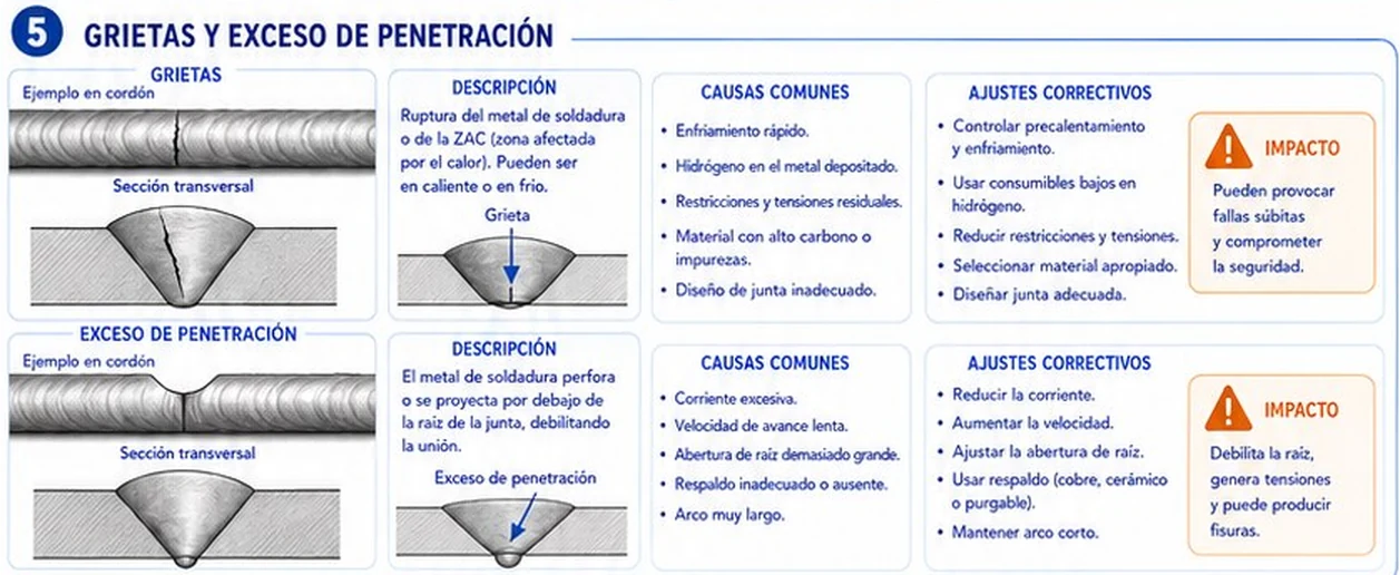 Grietas y exceso de penetración: ejemplos, secciones transversales, causas comunes, ajustes e impacto