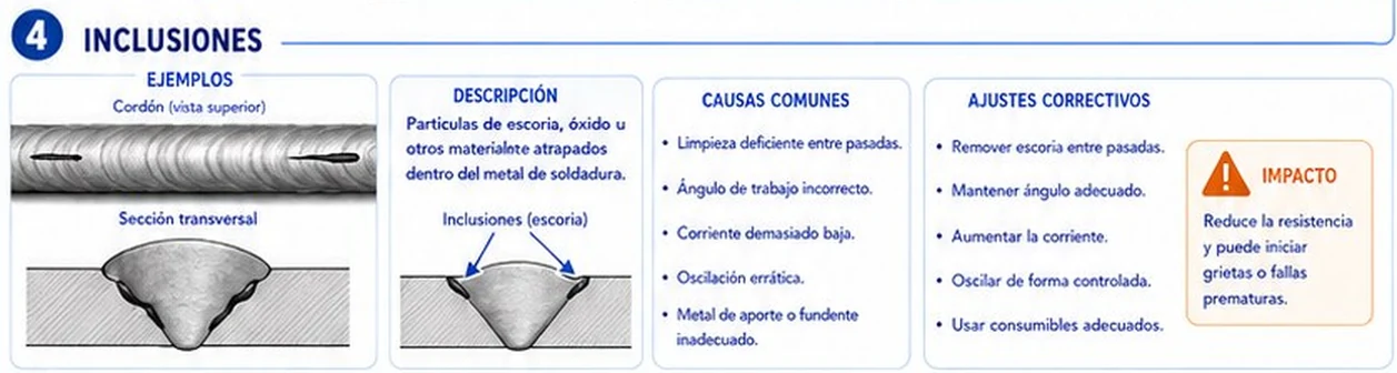 Inclusiones de escoria u óxido dentro del cordón: vista superior, sección transversal, causas y ajustes