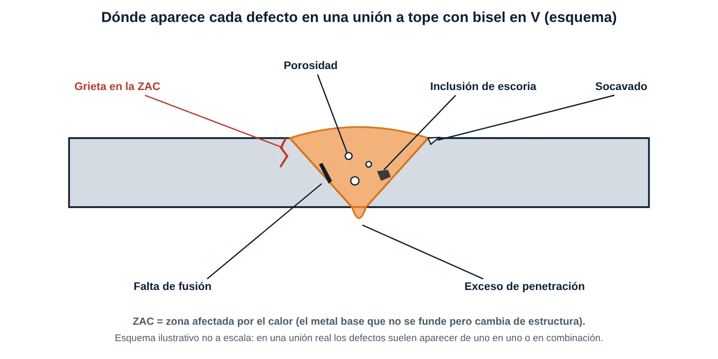 Esquema de una unión a tope con bisel en V indicando la ubicación de porosidad, inclusión, socavado, grieta, falta de fusión y exceso de penetración