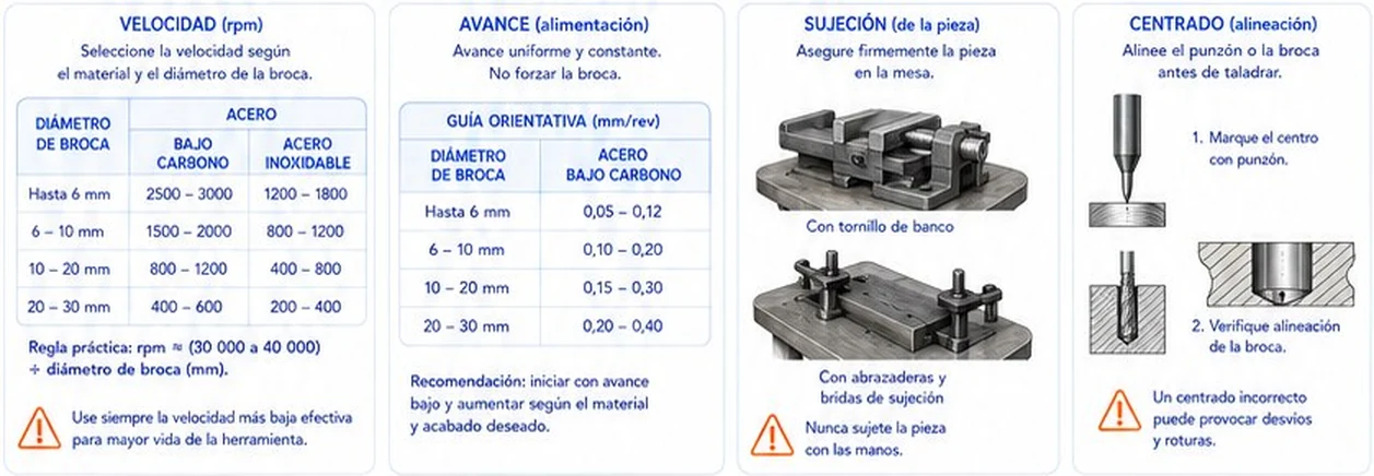 Tabla de velocidad en rpm y avance en mm por vuelta según el diámetro de la broca, sujeción de la pieza y centrado