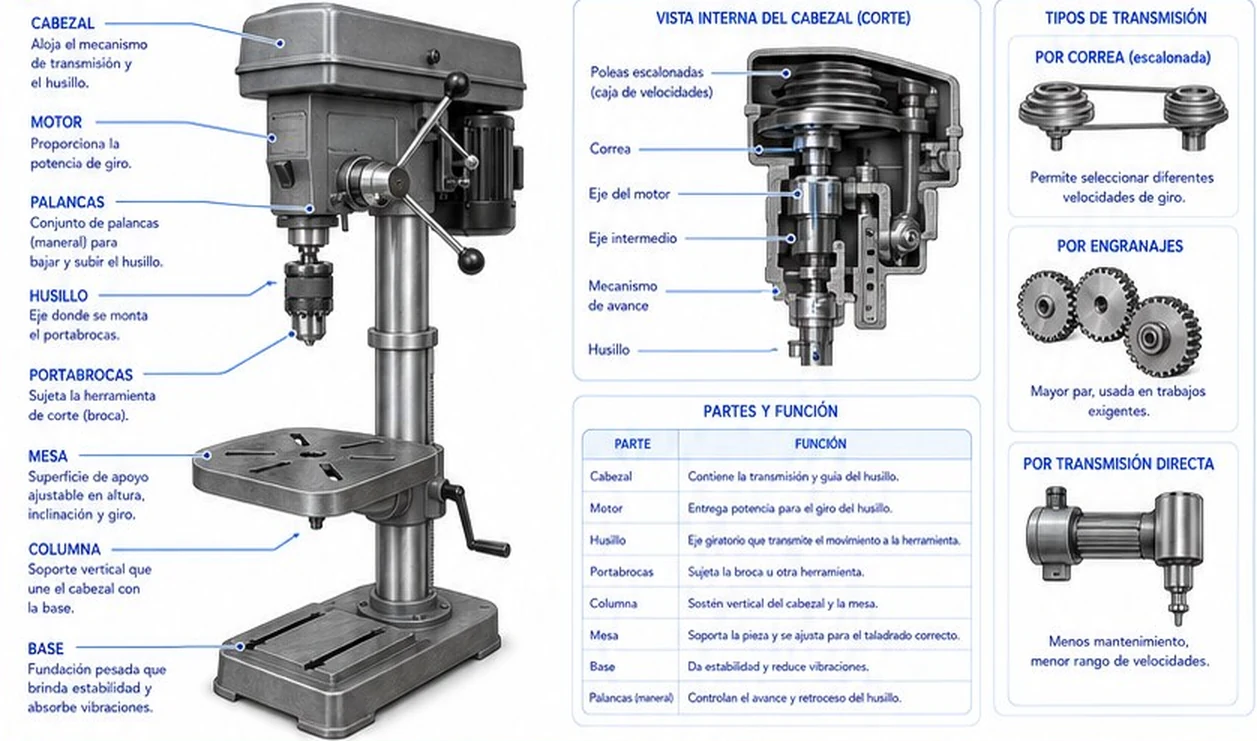 Partes del taladro de columna: cabezal, motor, palancas, husillo, portabrocas, mesa, columna y base, con la vista interna del cabezal y los tipos de transmisión