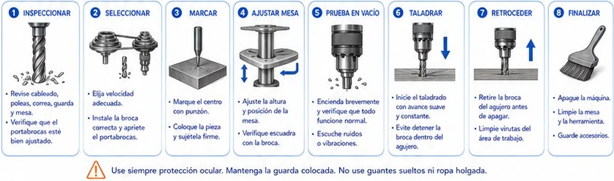 Ocho pasos de la secuencia segura de operación: inspeccionar, seleccionar, marcar, ajustar mesa, prueba en vacío, taladrar, retroceder y finalizar