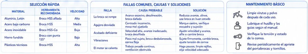 Selección rápida de herramienta y velocidad por material, fallas comunes con causas y soluciones, y mantenimiento básico
