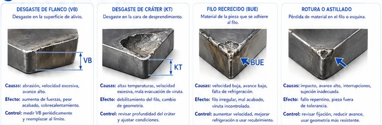 Cuatro tipos de desgaste: flanco VB, cráter KT, filo recrecido BUE y rotura o astillado, con causas, efectos y control
