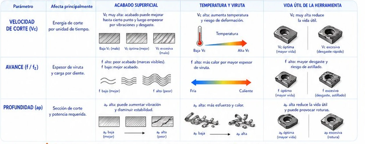 Efecto de la velocidad de corte, el avance y la profundidad sobre el acabado, la temperatura y la vida de la herramienta